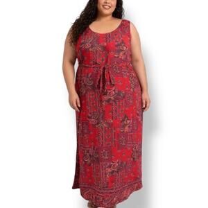 Vintage 1990s Red Paisley Patchwork Maxi Dress Plus Size Boho Hippie Festival